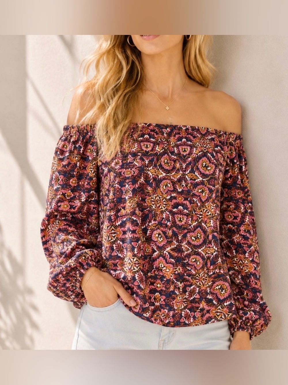 Billabong “Mi Amore” Off-The-Shoulder Peasant-Style Vibrant Floral Boho Blouse M